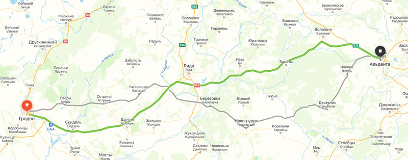 Маршрут от центра Гродно до стоматологии Альдента по трассе М-6